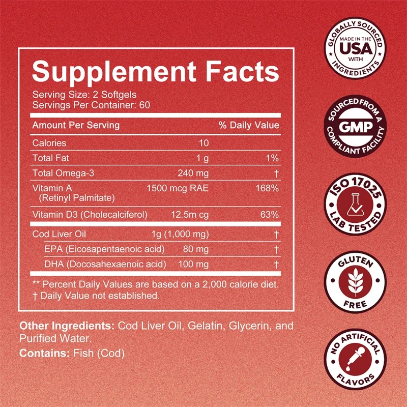 Cod Liver Oil Supplement, with Vitamins A, Omega-3, for Brain Function, Strong Bones & Healthy Vision, Overall Wellness