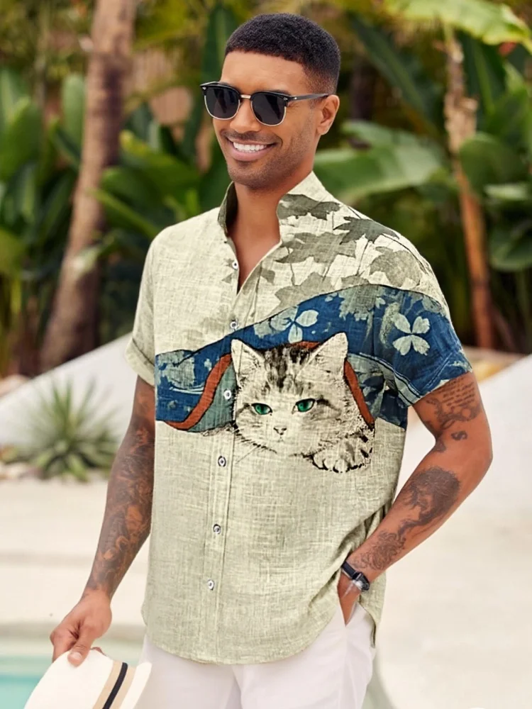 قميص بأكمام قصيرة مطبوع عليه قطة مستوحى من اليابانية قميص كلاسيكي غير رسمي بأزرار سفلية وياقة على شكل طية صدر السترة قمة عصرية للعطلات 2025 تونيك صيفي أنيق