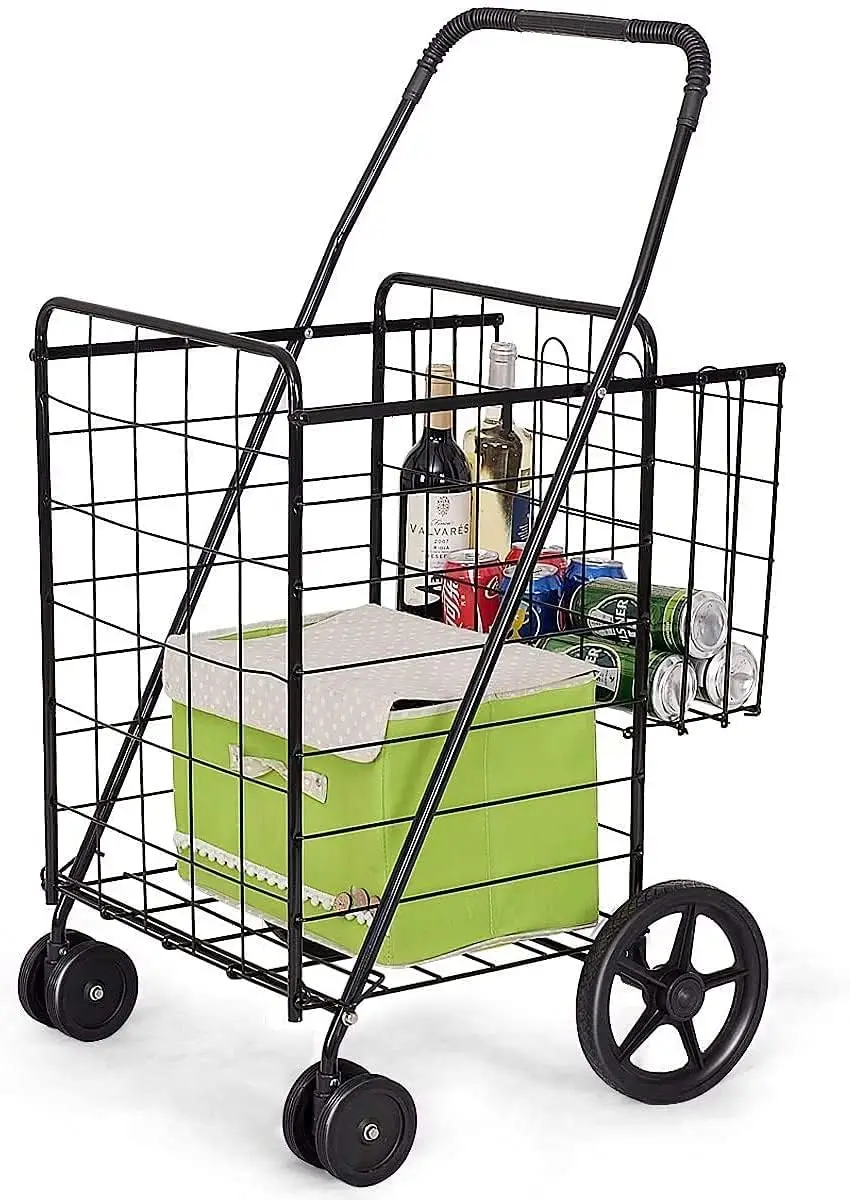 

Folding Shopping Cart, Large Utility Cart Hold Up to 90 Lbs, with Double Basket, 360° Rolling Swivel Wheels, Ideal for Grocery L