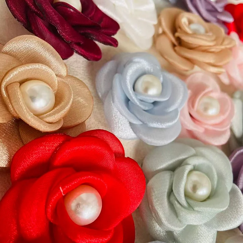 4pcs Chiffon camellia Flower Tulle Rose Heads With Pearl Fabric Flower DIY Handmade Sewing Garments Shoes Hair Accessories