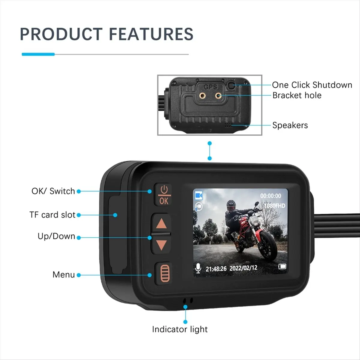 N05R Dash Cam Front and Rear, Driving Recorder Camera for Motorcycles, 2 Inch HD Dash Cam, Loop Recording, Waterproof