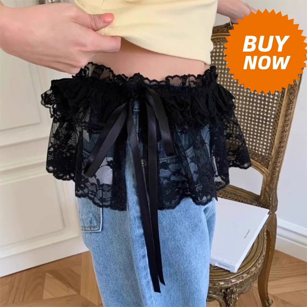 กระโปรงมินิสั้นลูกไม้สไตล์ Y2k หวานๆ แบบโลลิต้า เกาวยีนส์เกาหลี แต่งระบายชายกระโปรง ผ่าหลัง เอวสูง ขอบระบาย สำหรับสาวๆ