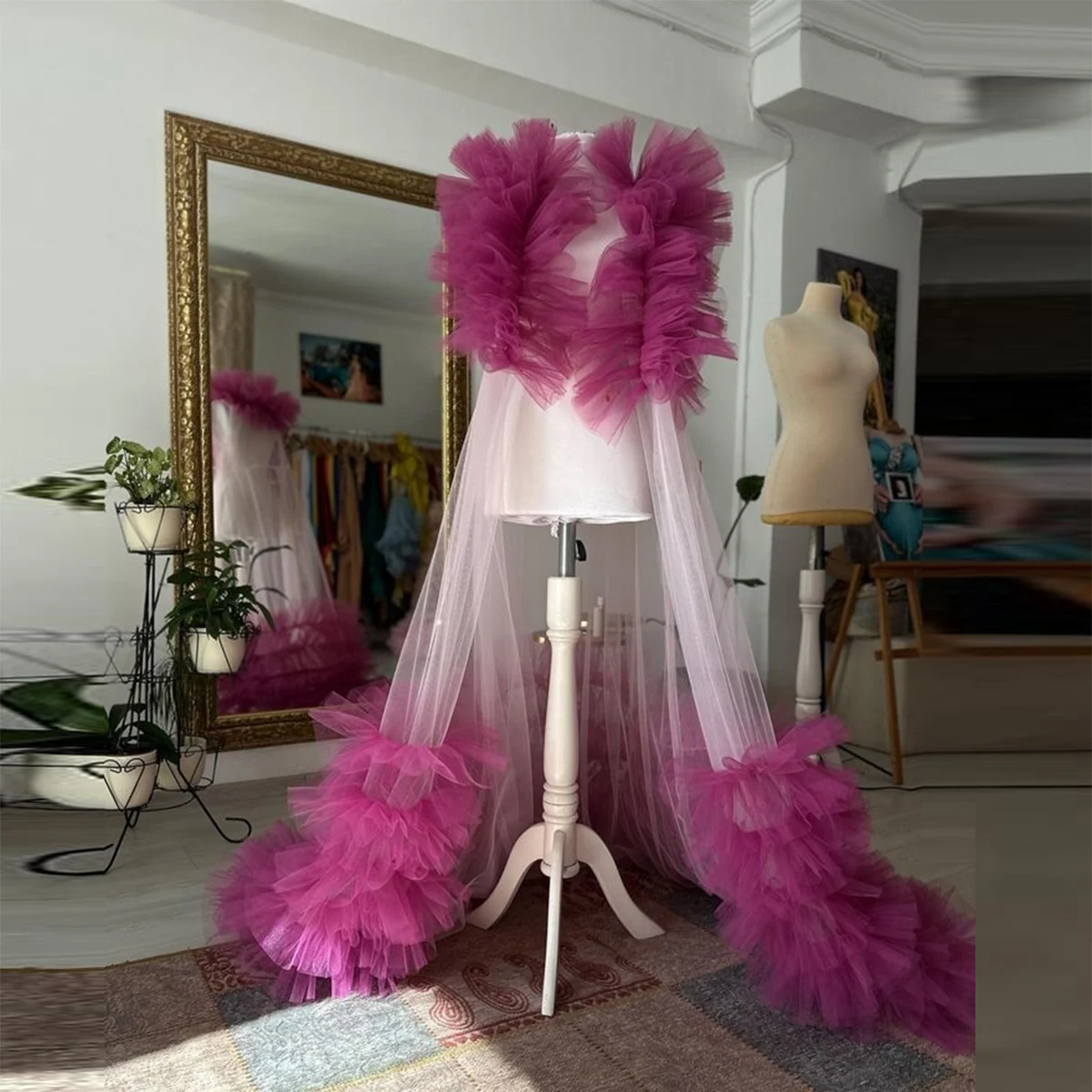 Charmoso babado tule longo capa em camadas até o chão feminino formal wear para festa capa tule ver através da capa vestidos de sessão de fotos