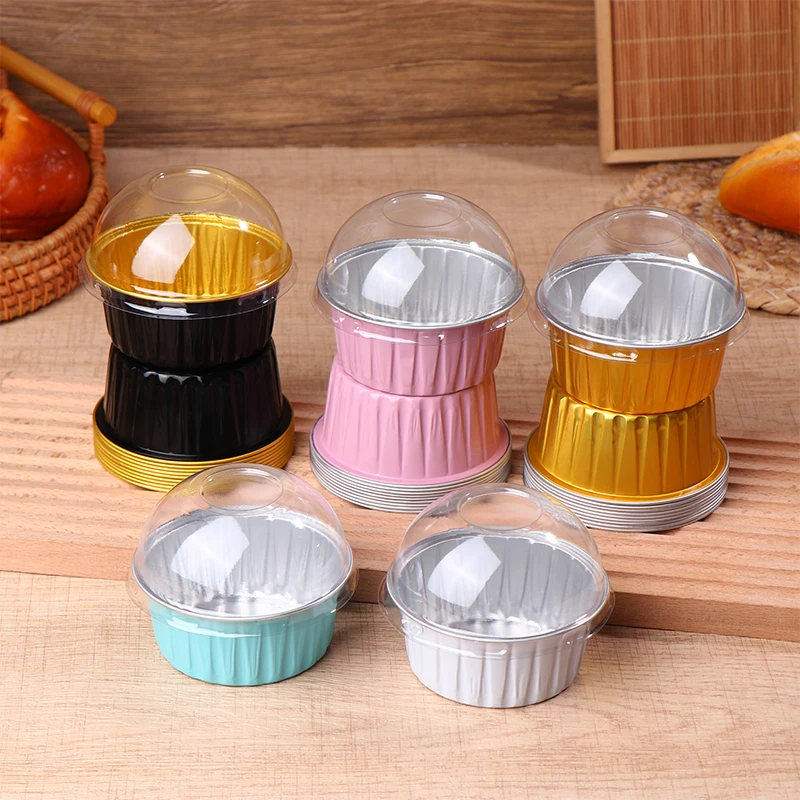 10 Uds. Ramekins de 125ML con tapas de cúpula, tazas de papel de aluminio para hornear, revestimientos para magdalenas y magdalenas, pudín, tazas de postre para boda y cumpleaños