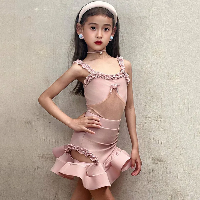 

Children Latin Dance Training Dress Kids Girls Stringy Selvedge Bodysuit and Skirt Samba Ballroom Women Competition Dancewear