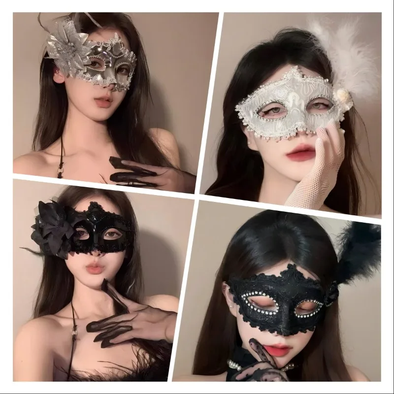 

Рождественская маска на Хэллоуин, макияж, вечерние, сексуальное искушение, маска для косплея, нарядный реквизит, половина лица, кружевной край, головной убор с перьями, маска