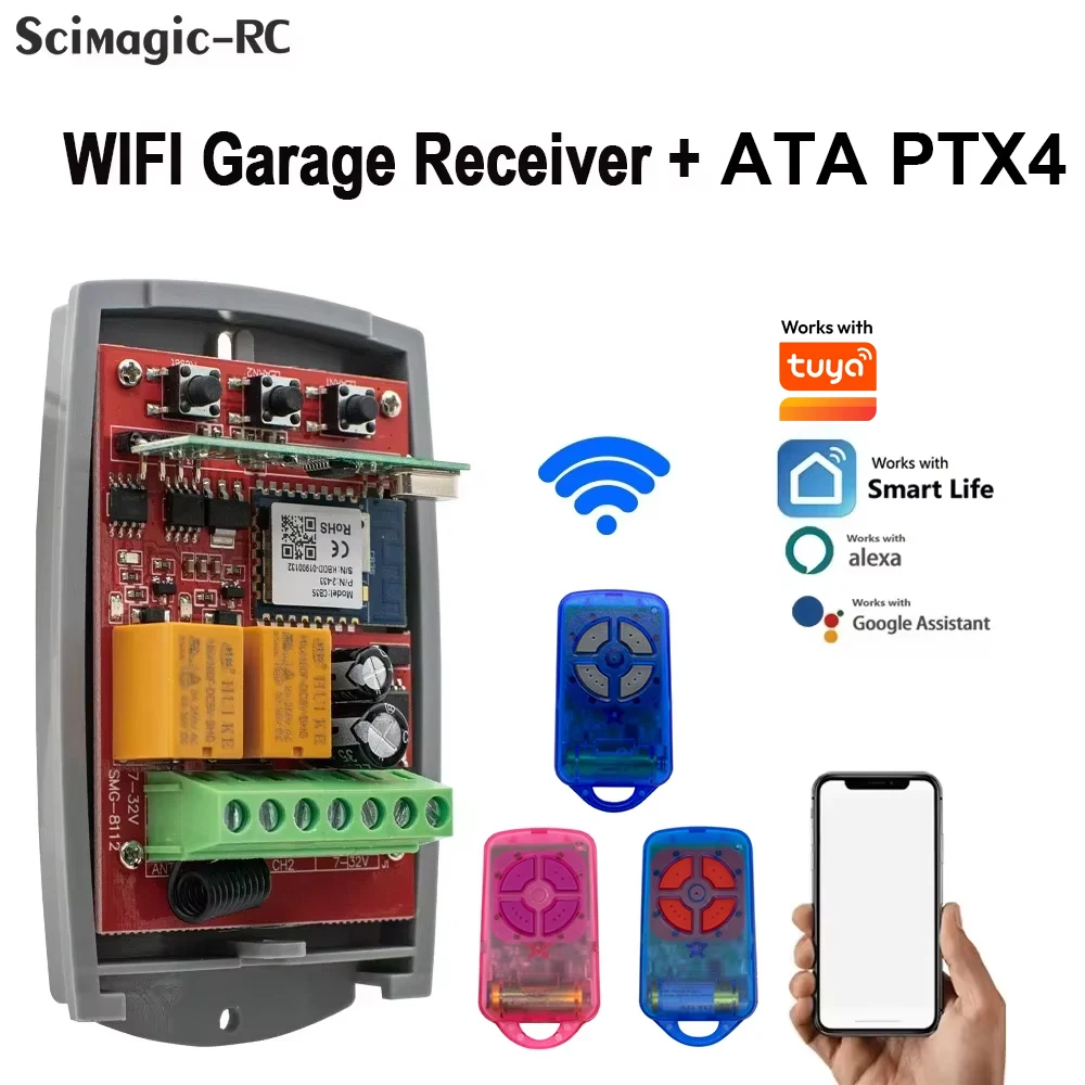 WIFI Garage Smart Gate Roller Sliding Door Receiver 2CH Opener Rolling Code ATA PTX4  Securacode Remote Control Works with Tuya
