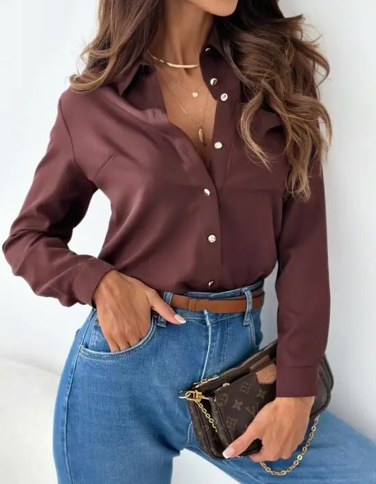 Camicia da donna in tinta unita da pendolarismo professionale con colletto neutro autunno colore minimalista con scollo a v camicia da donna abbigliamento donna