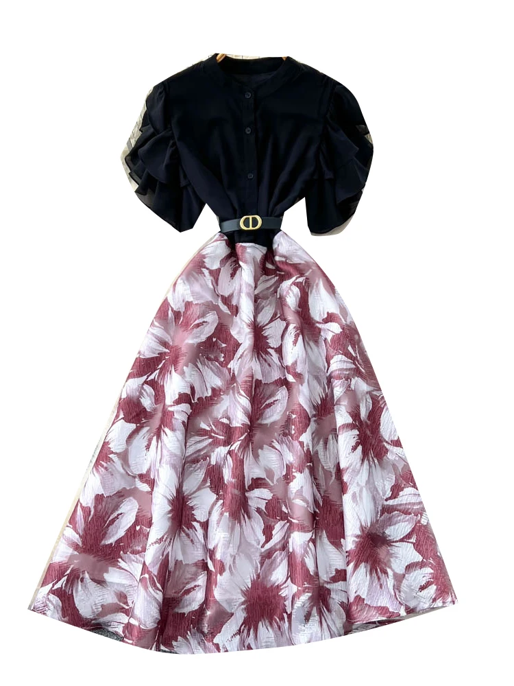 High-End Women's Summer Dr 2025 Belted Waist Print Splice Flounce Sve A-Line Skirt Korean Sle Commute ort Sve