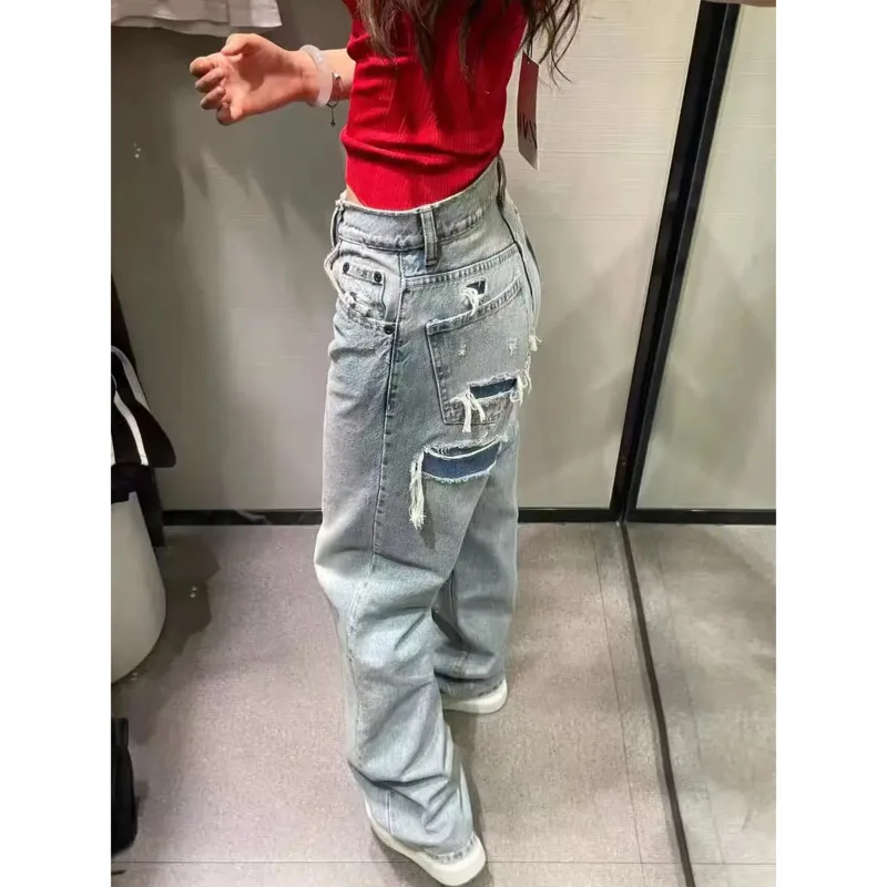 Vrouwen Hoge Taille Vintage Denim Broek Baggy Jeans Gaten Patchwork Casual Streetwear Y 2K Jeans Mode Gewassen Losse Broek