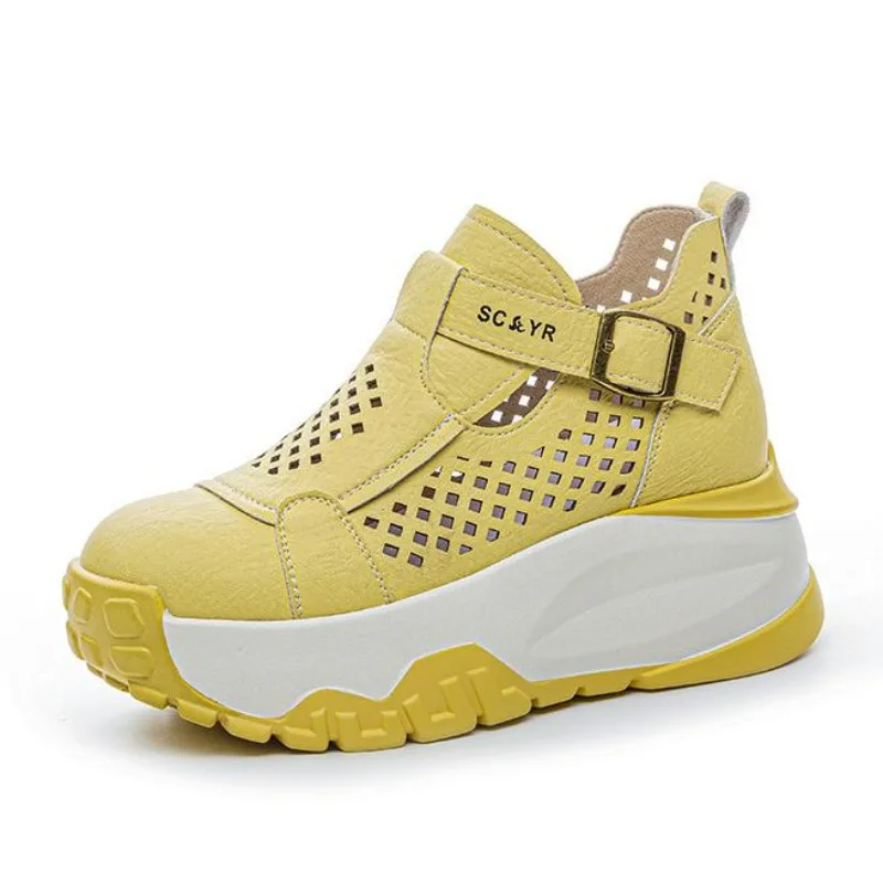 

Ботильоны из микрофибры 7,5 см, сандалии, женские модные летние удобные туфли на танкетке на платформе, полые массивные кроссовки на шнуровке