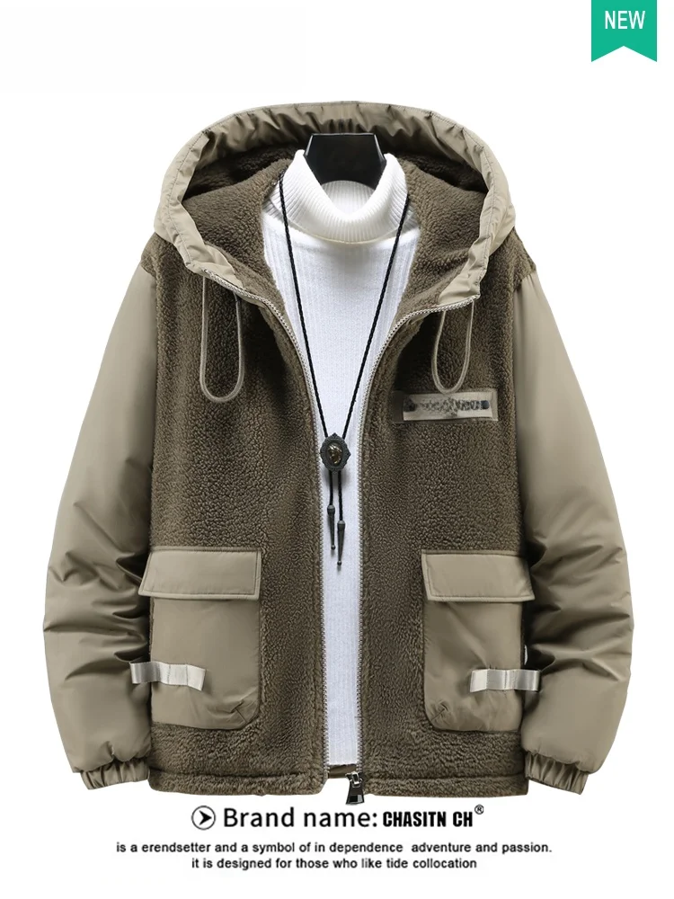 

Men's Winter Thiened Cotton Jaet Particle Fce Hooded Workwear Faionable Outerwear Couple's Cold-resistant Coat