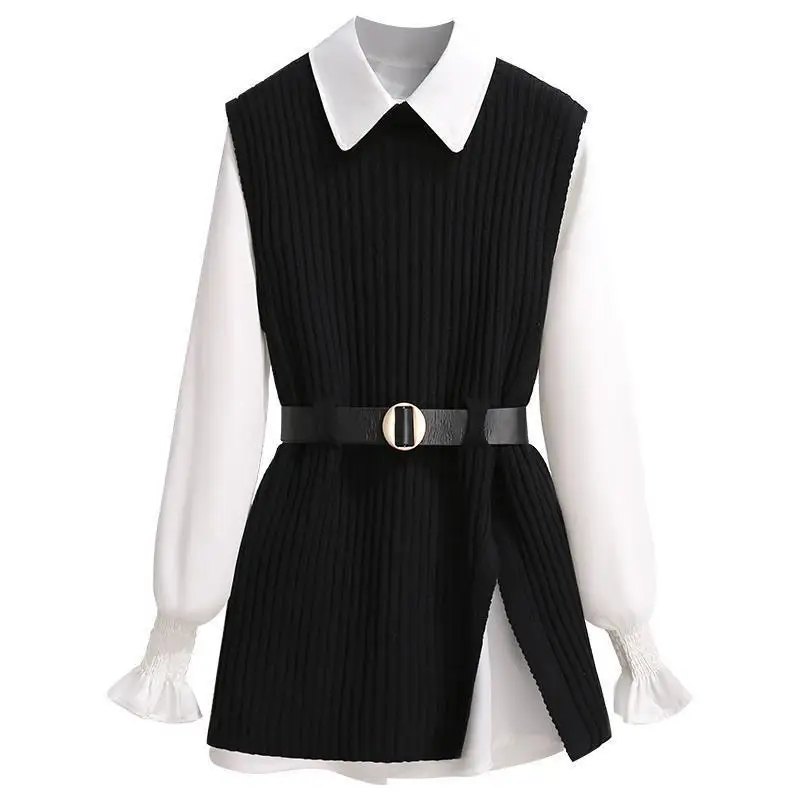 2023 Spring and Autumn Women\'s Set Solid Color Sleeveless Sweater Vest Shirt Long Sleeve Belt Fashion Casual Two Piece Set