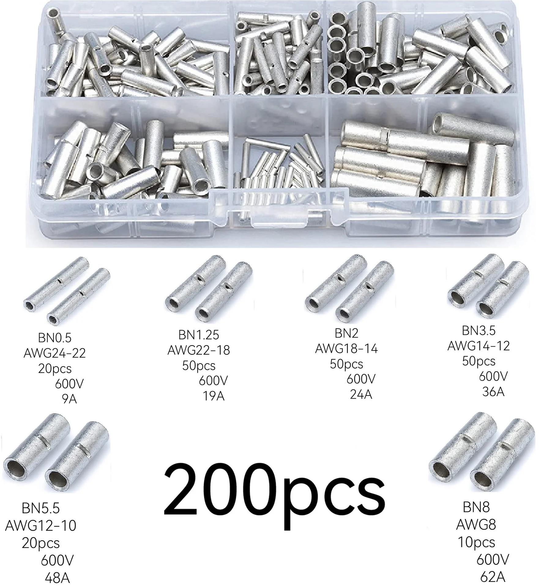 200Pcs Copper Bare Tinned Crimp Terminals Kit Splice Wire Connectors Copper Bare Joint Tube AWG8 12-10 14-12 18-14 22-18 24-22
