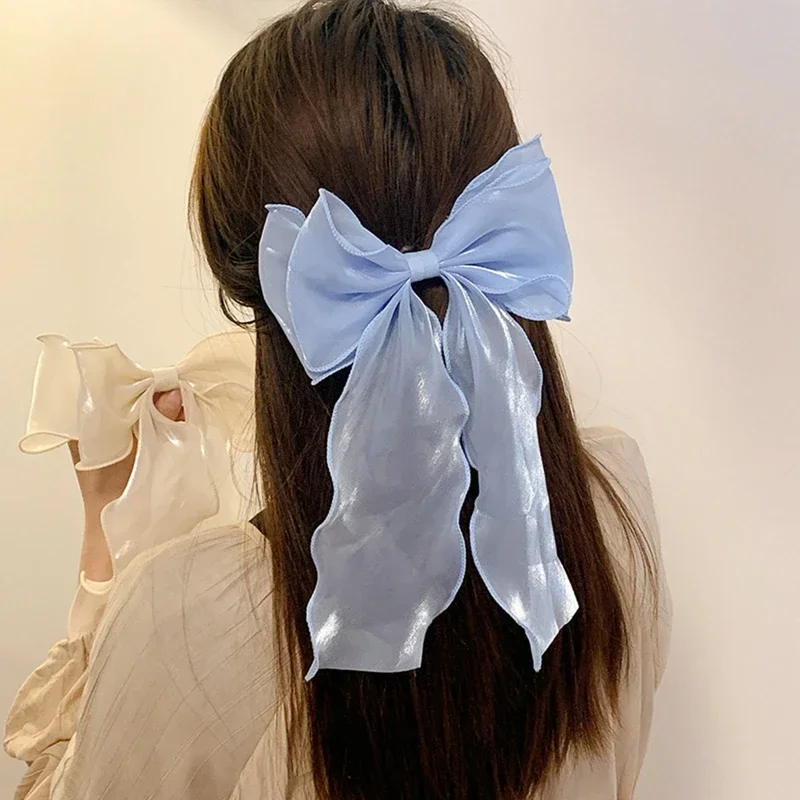 Fashion Chiffon Bow Hair Clips Blue Shining Satin Bowknot Hair Clips Ribbon Bow Barrette Hairpin Grip Ponytail Clip Headwear