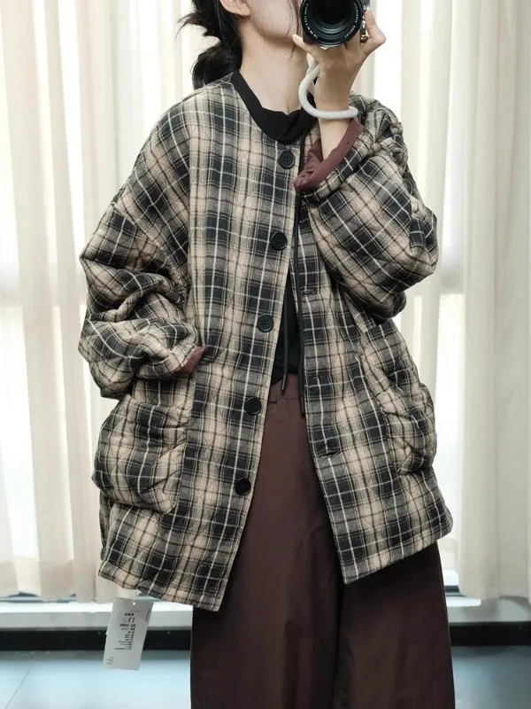 Warm Cotton Jaet Coat Retro Artistic round Ne Plaid Filling Casual Brand Women's Winter Clothing Outerwear Thiened Long...