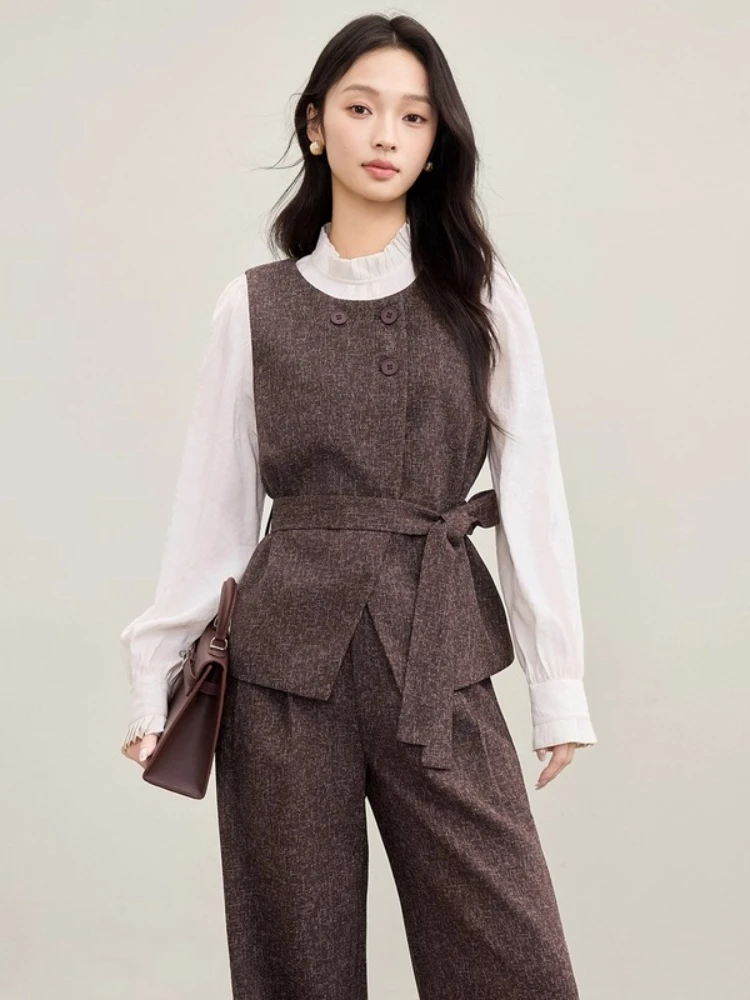 

SENTUBILA Women's Pant Sets O-Neck Vest Round-Neck Vest Elastic-Waist Straight-Leg Trousers 2025 Autumn Two-piece Set 153ZA2726