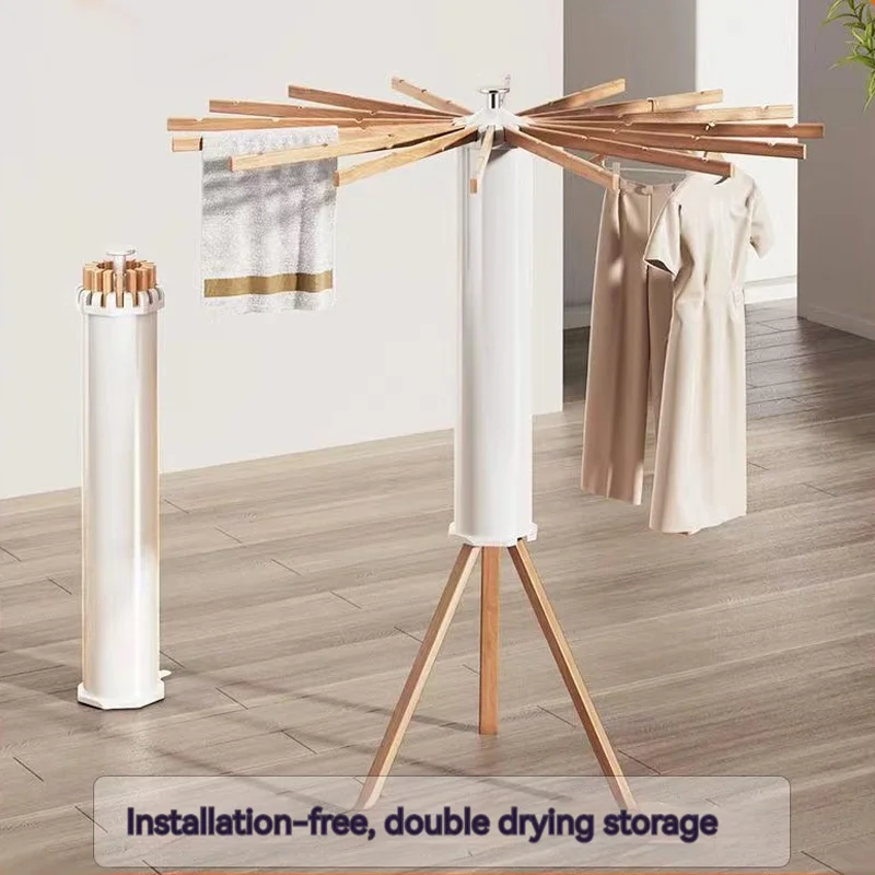 

Aluminum Hanger Wooden Hanger Simple Balcony Bedroom Floor To Ceiling Clothes Hanger Storage Rack Household Furniture