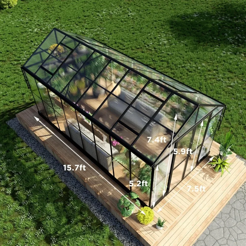 8x16x7.5 FT Polycarbonate Greenhouse Double with Swing Doors 4 Vents 5.2FT Added Wall Height, Walk-in Large Aluminum Greenhouse