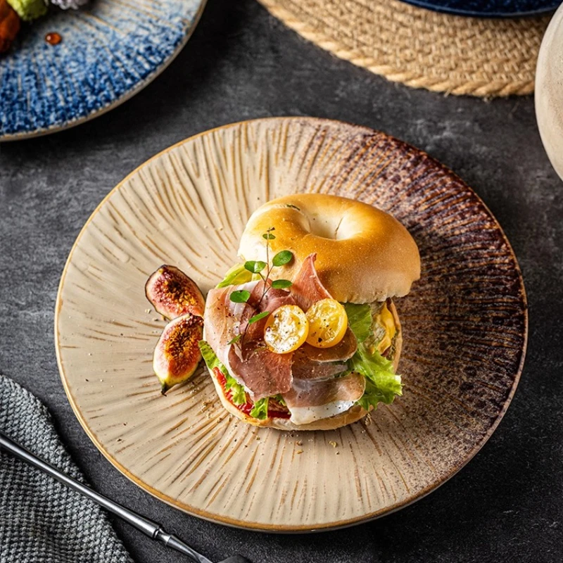 1PC Ceramic Western Food Plate Commercial Round Steak Plate 8 Inch Underglaze Color Home Tableware Hotel Supplies Decoration