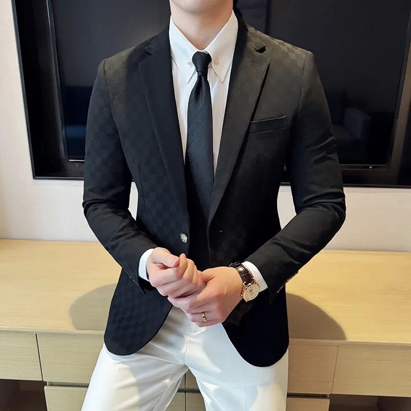 Blazers à carreaux à simple boutonnage pour hommes, veste trempée d\'affaires décontractée, mode mince, banquet social, robe de marié de mariage,