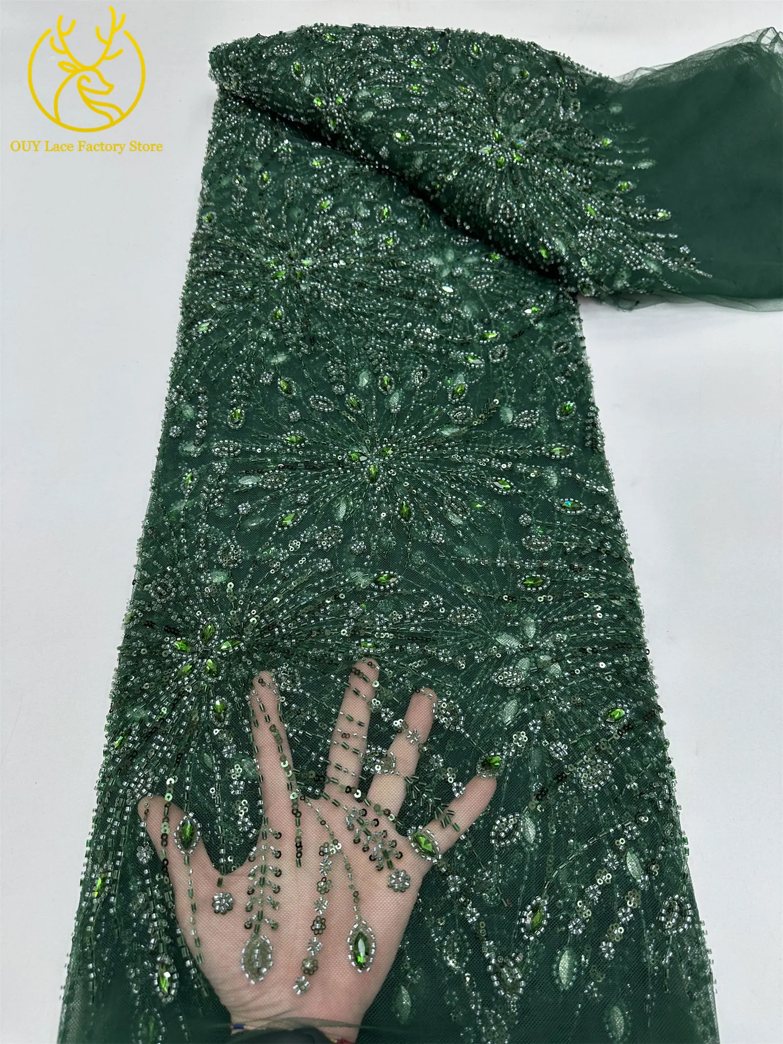 Goldene französische Edelstein-Perlenstickerei-Spitze, hochwertige nigerianische Mesh-Pailletten-Tüllspitze, afrikanischer Spitzenstoff für Damenkleider – Detail 10