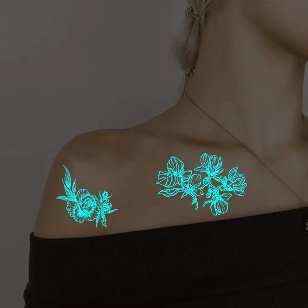 4 قطعة الأزرق مضيئة مقاوم للماء المؤقتة الوشم ملصق هندسي فراشة زهرة الورد القمر النساء الرجال الذراع الجسم الفن الوشم وهمية