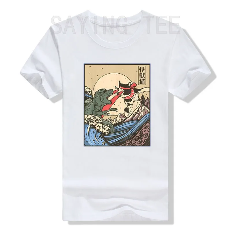 Vintage Cat Vs Monster Retro Japanese Great Wave Otaku Manga T-Shirt Humor Funny Kitty Cartoon Graphic Tee Tops Comics Outfits