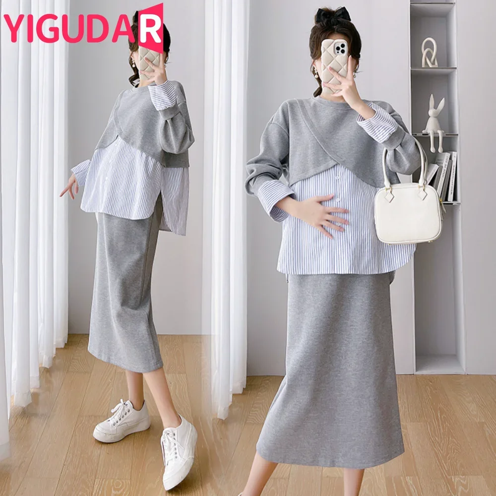 Autumn Winter Maternity Dress Sets Elegant A Line Loose Clothes for Pregnant Women Pregnancy Sweaters Sutis korean fashion