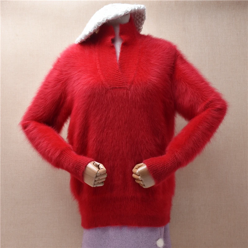 

Women Mujer Autumn Winter Fashion Red Hairy Mink Cashmere Knitted Turn-Down Neck Long Sleeves Loose Pullover Sweater Jumper Pull