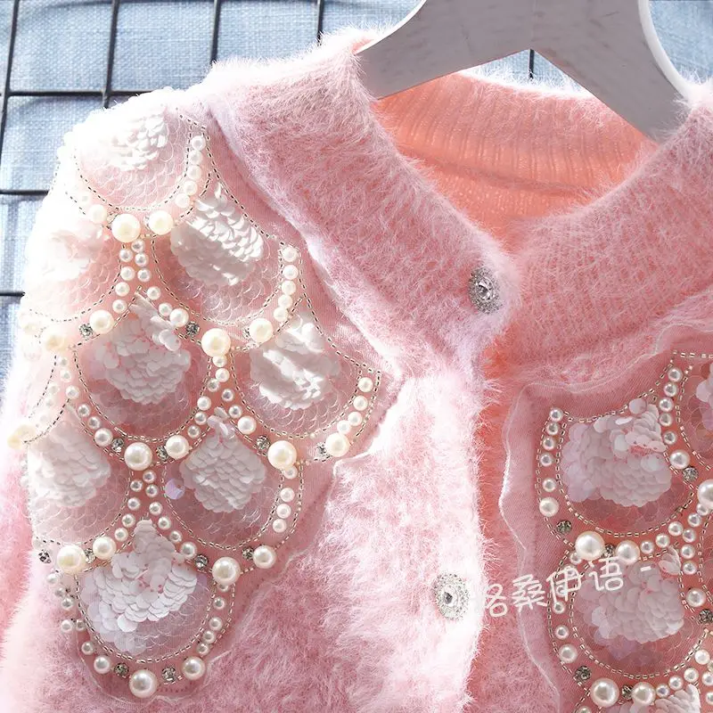 Women Imitation Mink Fleece Pearls Beaded Sweater Coat Loose Autumn Winter Shell Sequined Embroidery Knitted Cardigan Knitwear