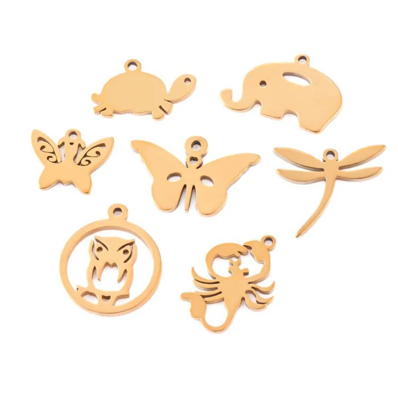 6pcs/lot Animal DIY Charms Wholesale Stainless Steel Owl Pendant Butterfly Dragonfly Scorpion Elephant Turtle Charm DIY Jewelry