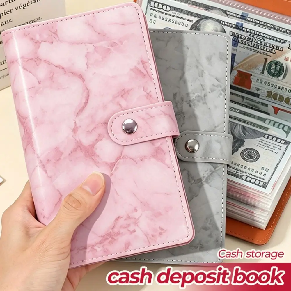 PU Cash Deposit Book Marble Patterns 100 Pockets Cash Saving Book Snap Button Design Budget Planner Cash Envelope System