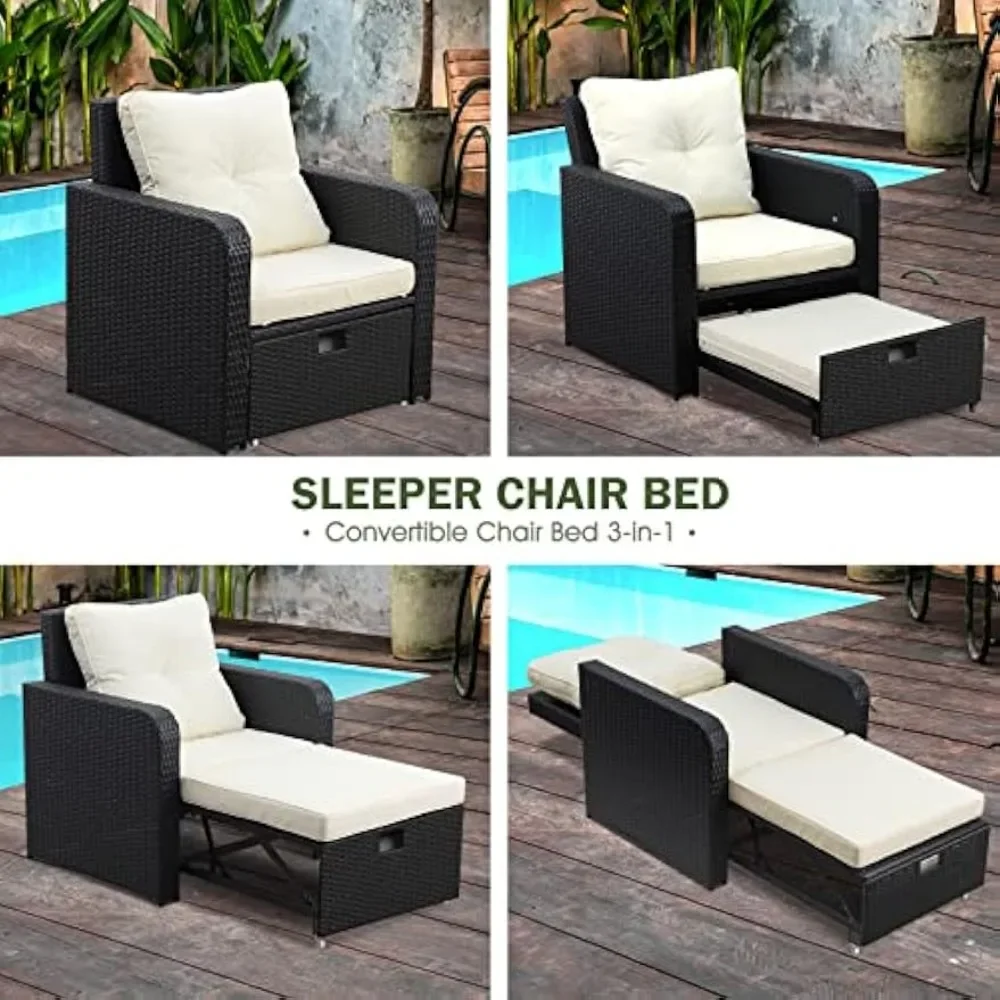 Wicker Patio Chair Single Sofa Convertible Couch Chair with Waterproof Thick Cushion, Easy Assemble Wicker Outdoor Furniture