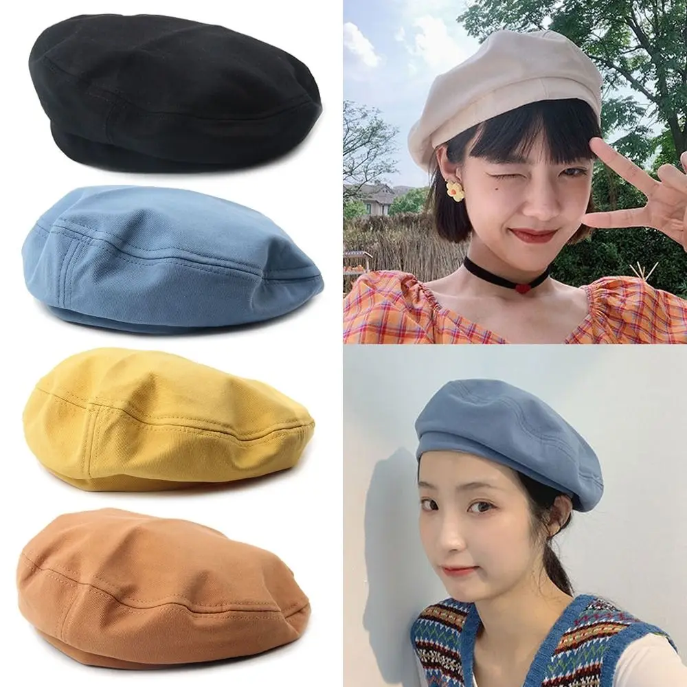 Fashion Korean Version Cotton Beret Hats Retro British Girl Berets Flat Cap Solid Color Painter Hat for Women Girl