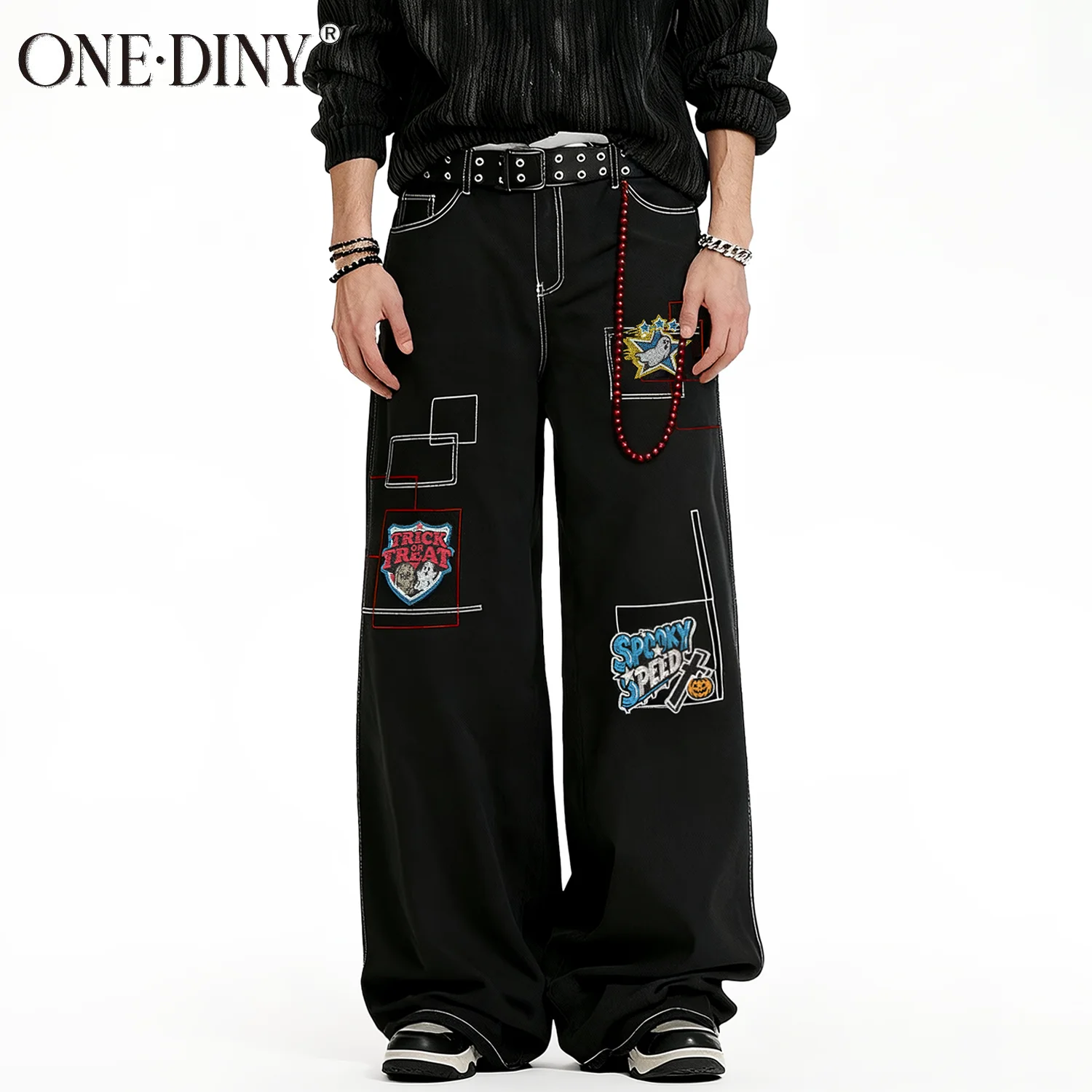 ONE·DINY Herren-Jeans, schwarz, Baggy, weites Bein, Y2K, High Street, Hip-Hop, mit Stickerei, lockere Denim-Hose, für alle Jahreszeiten, Unisex