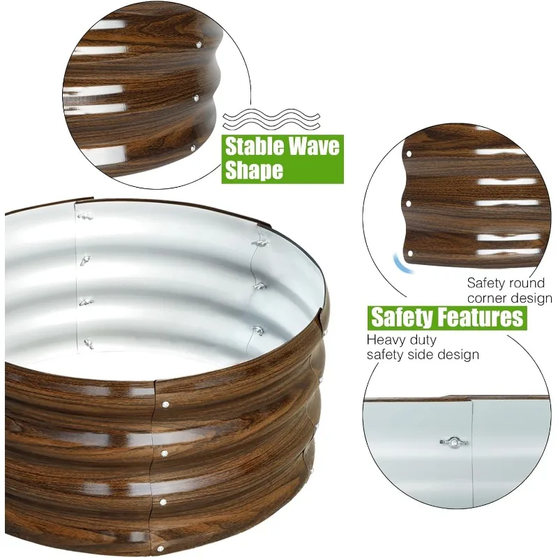 3 Pcs 2x2x1ft Round Galvanized Raised Garden Bed Kit Outdoor, Metal Planter Box for Planting Plants Vegetables, Brown