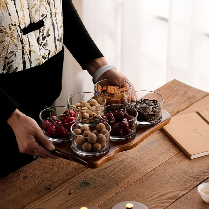 Fruit Tray Living Room Household Acacia Wood Snack Plate Light Luxury High-end Glass Tea Table Candy Division of Dry Fruit Tray