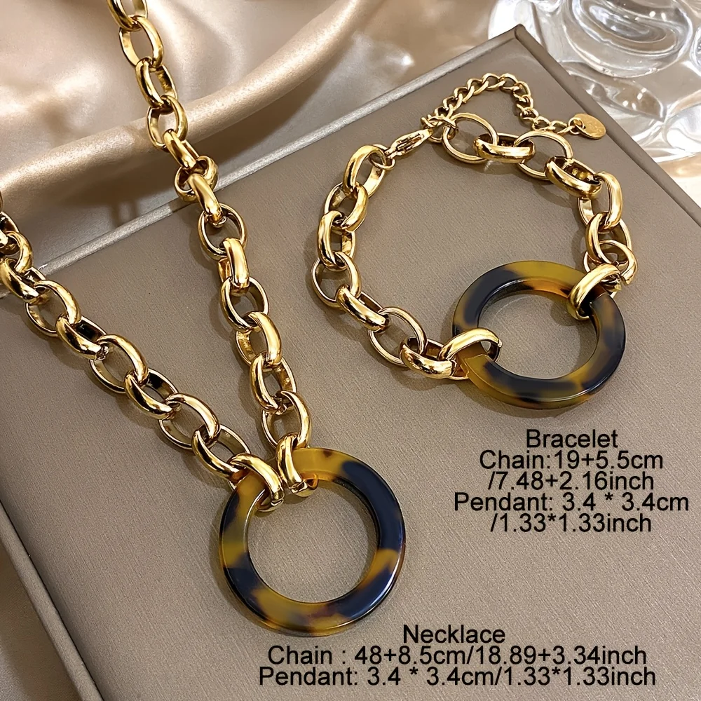 Punk Chunky Women\'s Set Jewelry Gold Color Thick Chain Leopard Pendant Stainless Steel Necklace Bracelets Set Fashion Jewelry