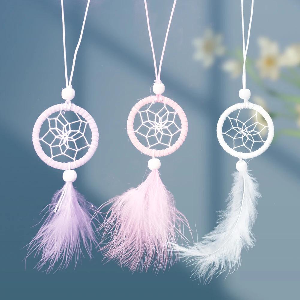 1PC Hand-woven Solid Color Mini Dream Catcher Car Interior Fluff Pendant Girls Room Decor  Accessories Home Aerial Hanging Craft