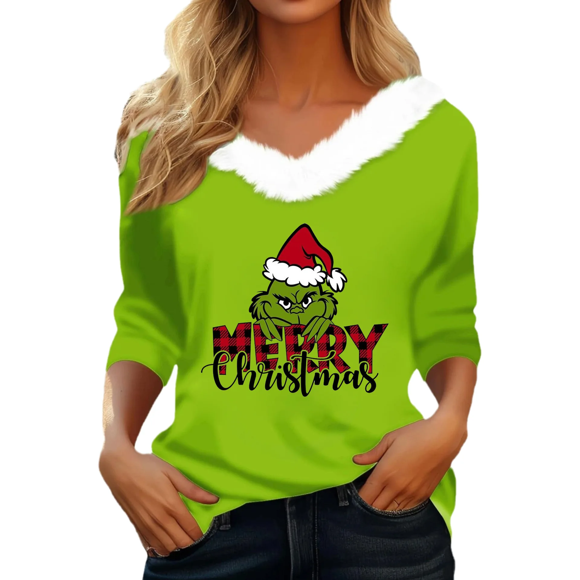 Hot Sale Christmas Decoration Women's T Shirt Tee Christmas Shirt Three Quarter Sleeve Party Christmas Fleece Collar V Neck Top