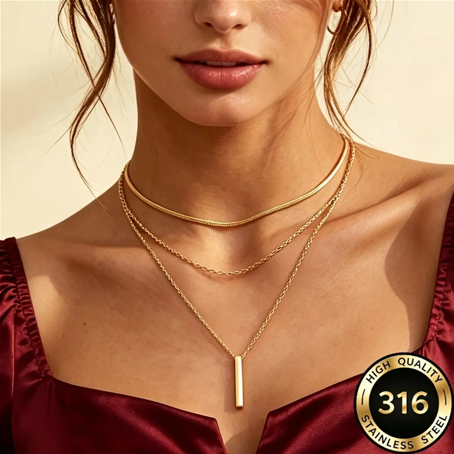 1 Piece Women's 316L Stainless Steel Three-Layer Snake Bone Chain Pendant Necklace Waterproof Hypoallergenic Stackable Jewelry