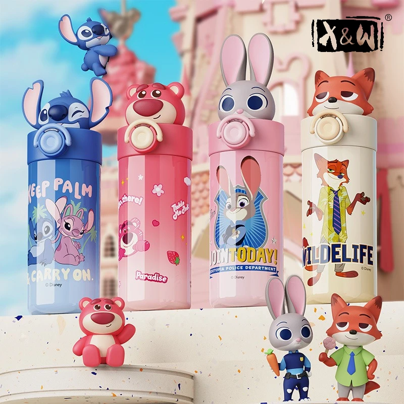 X&W 450ML Disney Series Pop-up Thermos 316 Stainless Steel+PP Doll Head Portable Straw Cup Waterbottle Exquisite Holiday Gifts