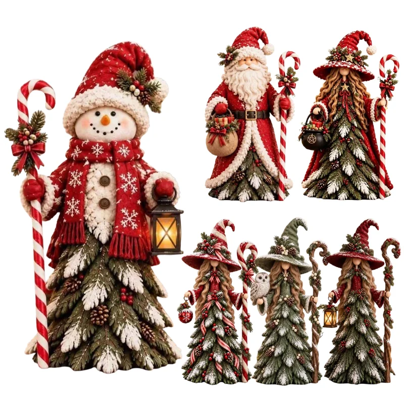 Christmas Resin Figurine Vintage Santa Snowman Witch Doll with Candy Cane Tabletop Statue Ornament for Xmas Indoor Home Decor