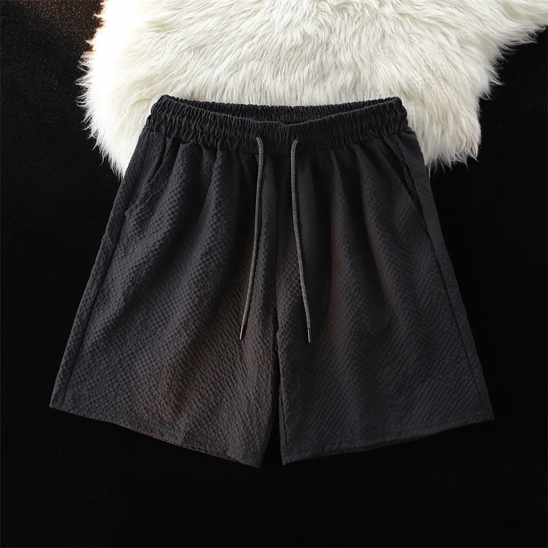 Hmsevenjz Summer Loose Pleated Ice Silk Shorts for Men's Straight Leg Wide Leg Elastic Waist Quick Drying Thin Beach Pants