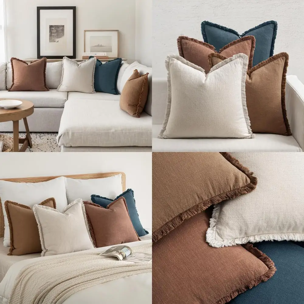 

Neutral Linen Throw Pillow Covers, Set of 4, Modern Rustic Decor, Beige/Brown/Blue, 20x20 Inches