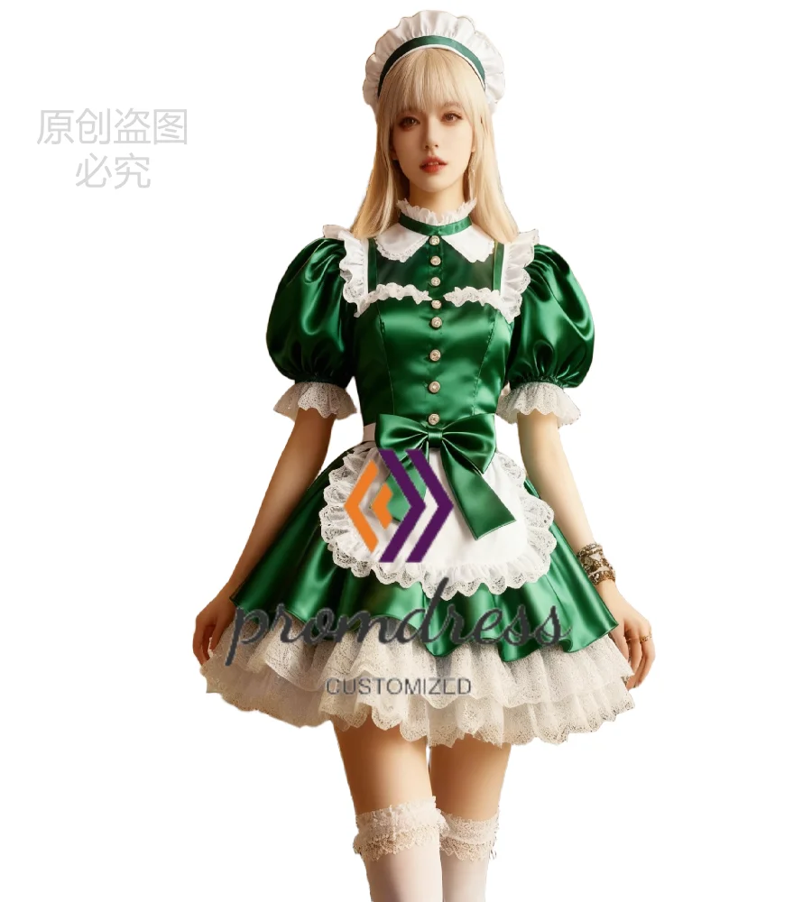 

Fairytale Green Maid Dress With White Apron Puff Sleeve Korean Short Evening Dress 2026 Sexy Cosplay Silky Satin Prom Dress