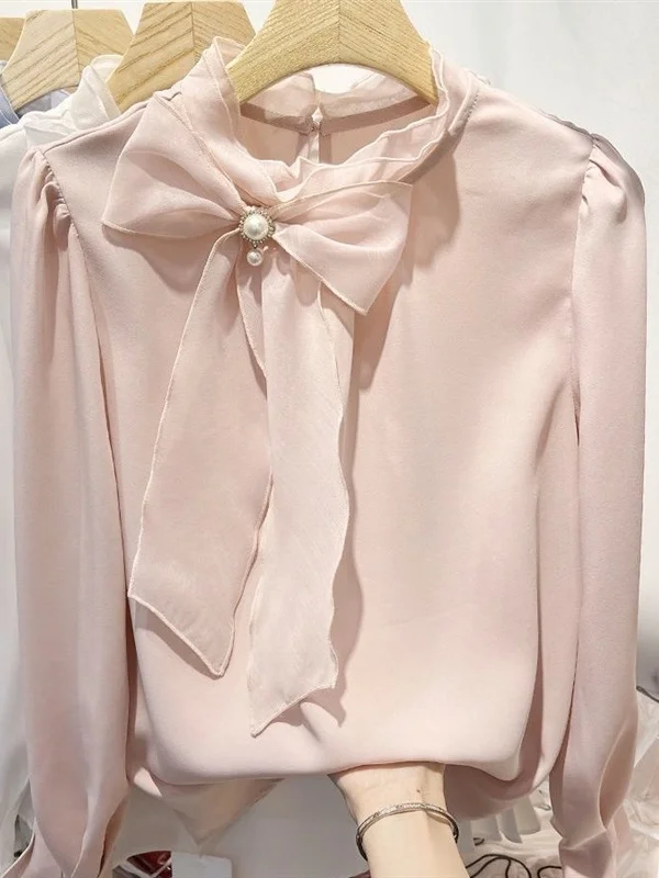 Spring 2026 Korean Style Pure Color Stand Collar Organza Belted Beaded Long Sleeve Women's Chiffon Top Trendy Elegant