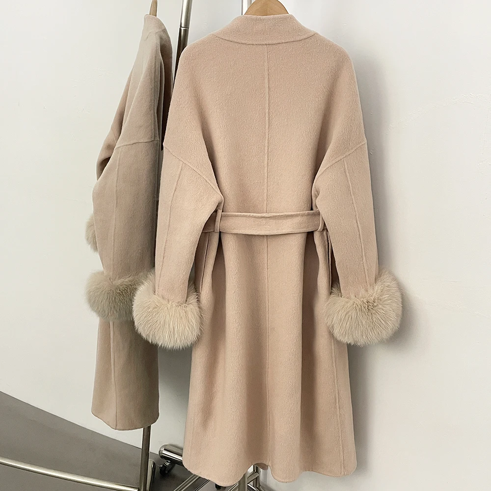 OFTBUY Neue Herbst-Winter-Kleidung mit Gürtel für Damen, Langer Eleganter Doppelseitiger Wollmantel mit Echten Fuchsfell-Manschetten, 100% Wollmantel – Detail 10