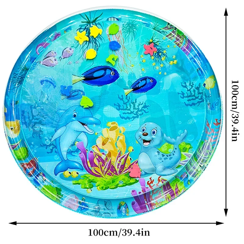 1pc 100cm/39.4inch Inflatable PVC Playing Water Mat Dolphin Seal Pattern Round Toddler Pad Kids Early Education Activity Toy